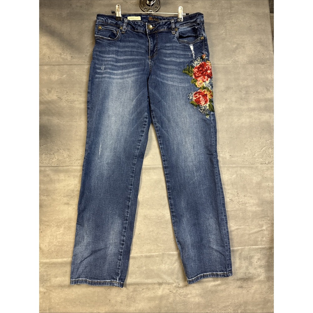 KUT Jeans Red Rose Embroidery On Side & Back Pocket Sz10 Catherine Boyfriend
